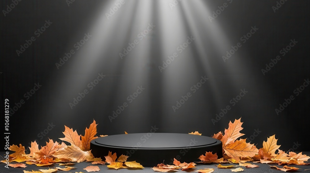 Poster a circular platform surrounded by autumn leaves, illuminated by soft beams of light against a dark b