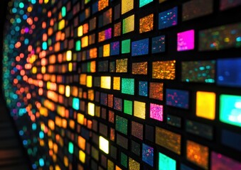 A colorful wall with many different colored squares