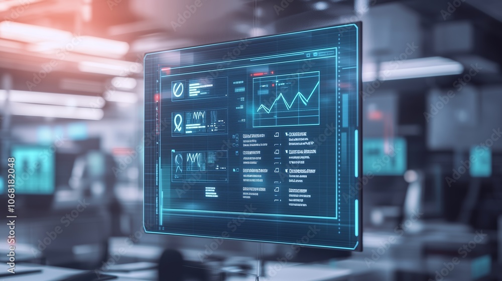 Aufkleber futuristic digital display showcasing data analytics in a modern office environment