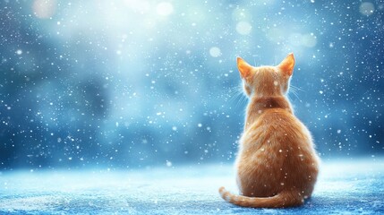 A serene orange cat sits in the snow, gazing into a dreamy winter landscape filled with softly falling snowflakes.
