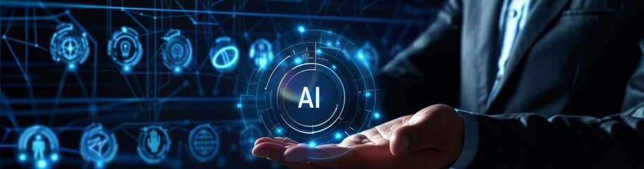 Businessman showcasing AI technology concept, embracing innovation and future advancements in digital sphere. The modern world driven by technology and data analysis for efficient operations