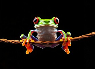 Naklejka premium Red-eyed tree frog perched on a branch with black background.