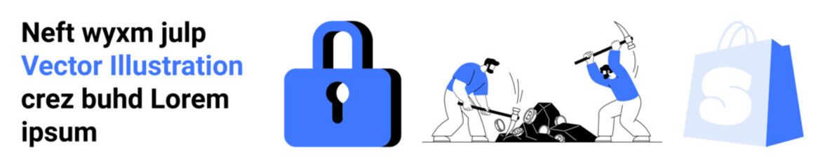 A blue lock symbol, two workers breaking rocks, and a shopping bag. Ideal for business security, teamwork, e-commerce, manual labor, and data protection themes. Landing page