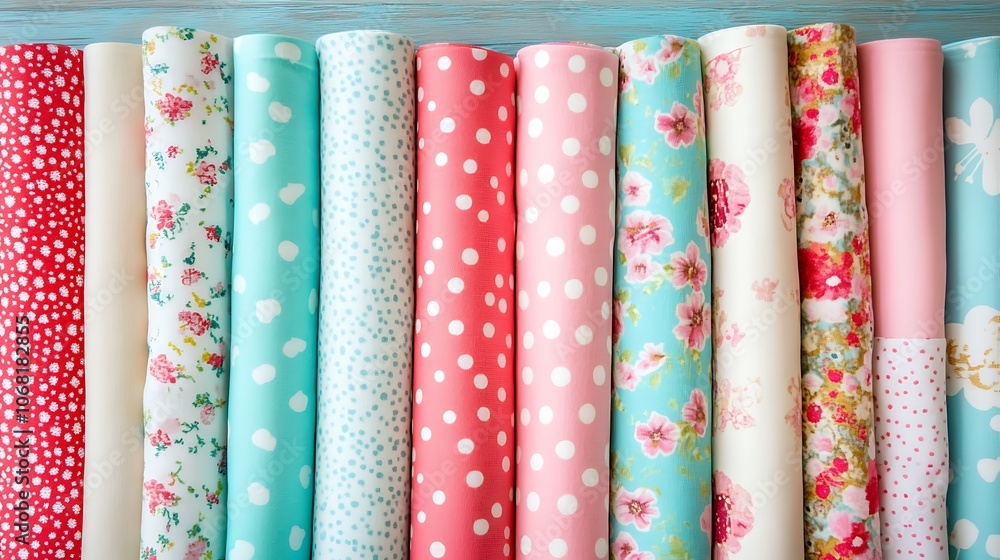 Fototapete a collection of colorful fabric rolls with various patterns for crafting and design projects.