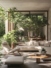 modern terrace with furniture and plants, cozy summer patio