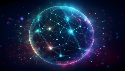 brightly glowing network sphere with connected nodes and data points, symbolizing advanced digital technology and connectivity