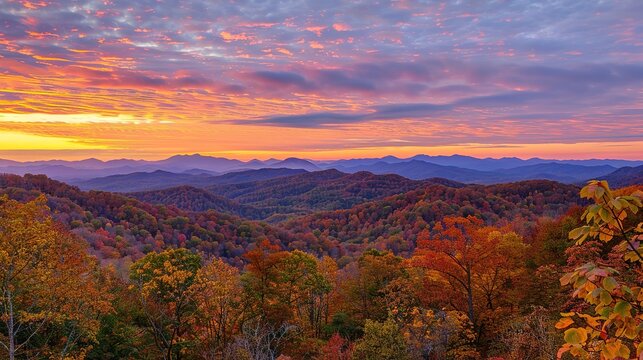 The Scenery of Autumn Forests in the Sunset Mountains - a breathtaking and idyllic visual. The autumn forests in the sunset mountains create a warm and vibrant look. It gives the impression of a seren