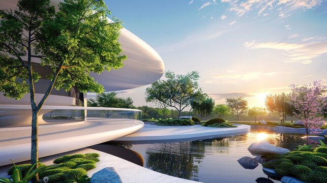 3D Rendering of White Circular Building - a sleek and modern architectural visual. The circular design showcases innovative aesthetics and clean lines, creating a striking appearance.