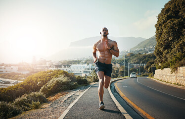 Exercise, man or outdoor with music for running, workout or cardio fitness in Brazil. Sports...