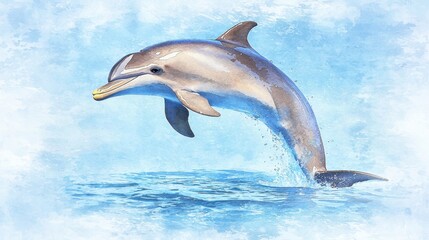 Fototapeta premium A dolphin gracefully leaps out of the water, showcasing its playful nature against a serene blue background.
