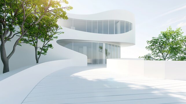 3D Rendering of White Circular Building - a sleek and modern architectural visual. The circular design showcases innovative aesthetics and clean lines, creating a striking appearance.