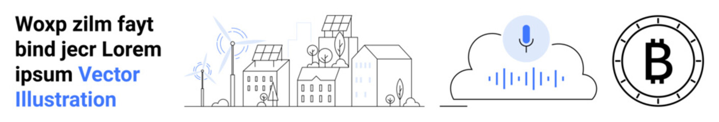 Cityscape with green energy elements, cloud storage with voice recognition, and cryptocurrency symbol. Ideal for technology, sustainability, finance, urban development, modern industry, digital