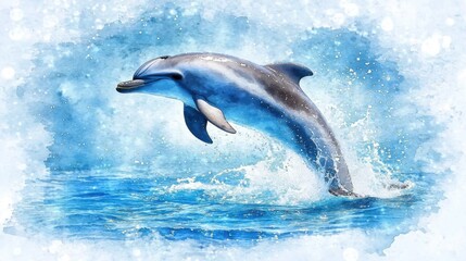 Fototapeta premium A vibrant illustration of a dolphin leaping out of the water, surrounded by splashes and a blue background.