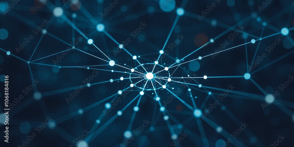 Poster abstract blue glowing network with interconnected lines and nodes.