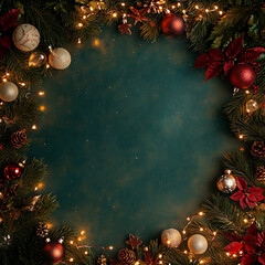 Christmas background with fir tree branches, red and golden toys pine cones and garland lights on green background