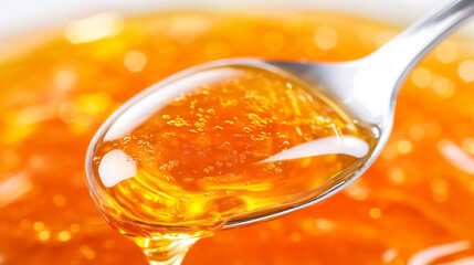 Golden honey slowly drips from a silver spoon, showcasing its smooth texture and vibrant color in a kitchen
