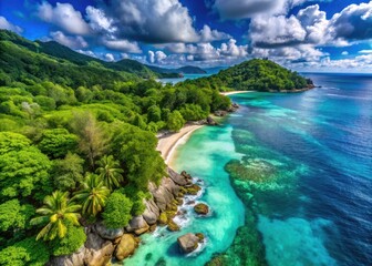 Fototapeta premium Aerial View of Lazare Coastline in Seychelles - Stunning Baie Beach with Crystal Clear Waters and Lush Takamaka Trees, Perfect for Tropical Getaway and Nature Lovers