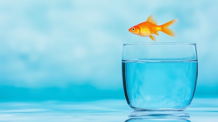 Goldfish Jumping into Clear Glass Bowl Filled with Water on Blue Background Representing Courage, Freedom, and Risk in Conceptual Scene