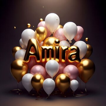Description:
This image features the name "Amira" rendered in a bold, 3D, gold-colored font. The name is surrounded by a cluster of colorful balloons
