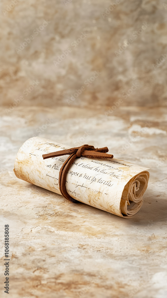 Poster an antique scroll crafted from aged paper, tied neatly with brown string, placed on a textured, mute