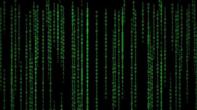 Green binary code cascading vertically in digital matrix style on dark background