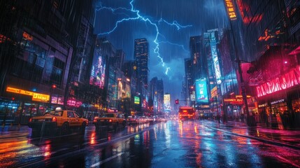Rainy Cityscape with Lightning