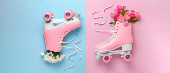 Vintage roller skates with flowers on color background