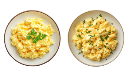 Delicious scrambled eggs on a plate. top view. transparent background