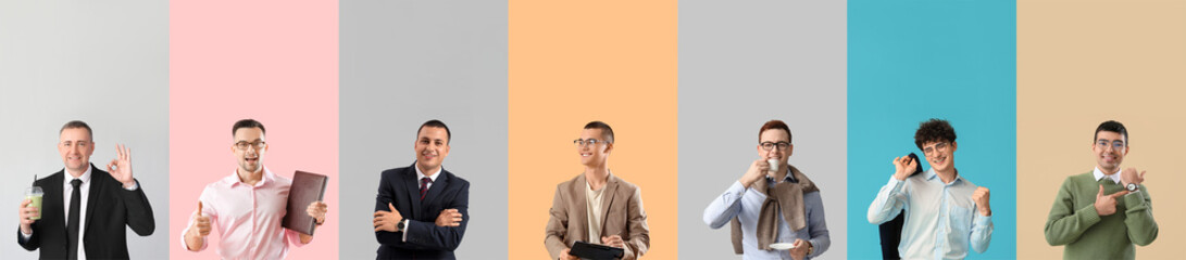 Set of handsome businessmen on color background