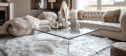 A modern glass coffee table in a luxurious living room, surrounded by cozy furniture and decor, with room for text