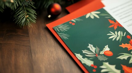 Closeup of holiday party invites on a table, focus on Christmas events and festive planning, organized workspace