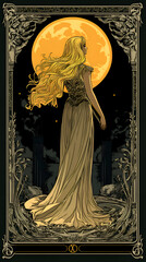 Ethereal Night Portrait of a Blonde Goddess in a Flowing Dress Against a Full Moon