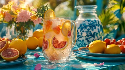 A fresh and summery feel, Fresh Fruits and Vibrant Table Setting in Sunlight