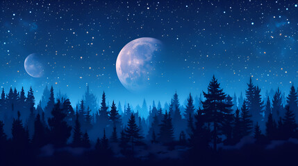 Tranquil Night Sky with Full Moon and Starry Stars over Serene Forest Landscape