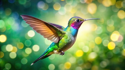 Captivating Hummingbird in Flight Against a Lush Green Bokeh Background - Tilt-Shift Photography for Nature Enthusiasts, Birdwatching, and Wildlife Photography Lovers