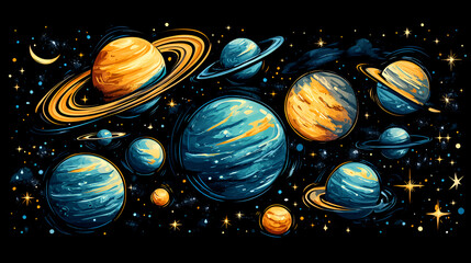 Vibrant Cosmic Artwork of Planets and Stars in a Dreamy Night Sky
