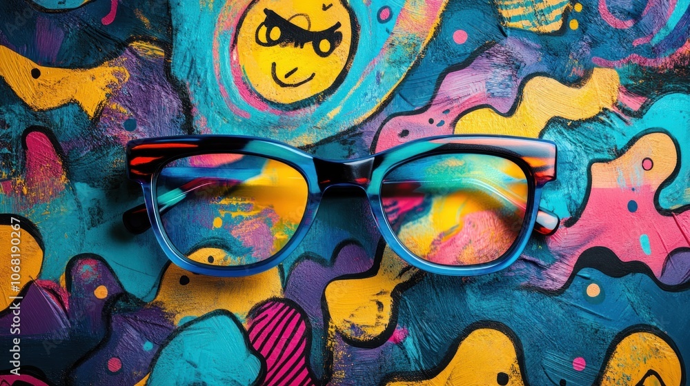 Poster a pair of blue and red eyeglasses with a tortoise shell frame rest on an abstract background of colo