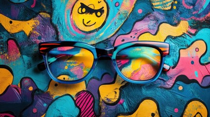 A pair of blue and red eyeglasses with a tortoise shell frame rest on an abstract background of colorful shapes and patterns.