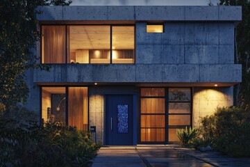 Dark Home with a Sapphire Door and Wood Accents, Realistic Nighttime Scene.