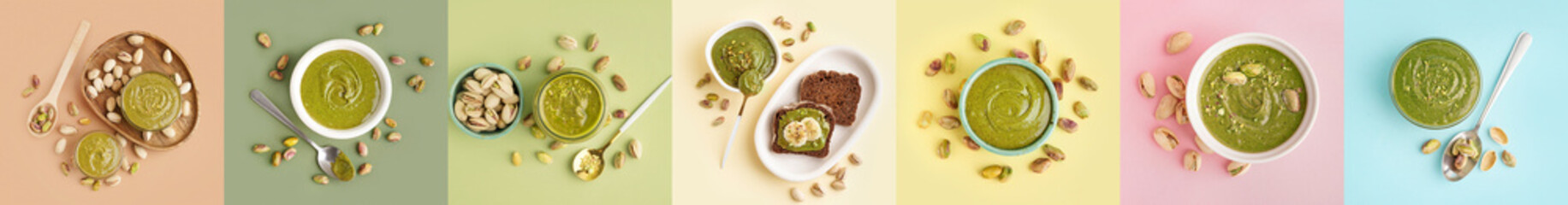 Collage of tasty pistachio paste on color background, top view