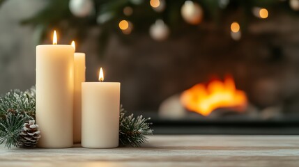 Winter solstice with a cozy fire and candles, focus on holiday traditions and warmth, peaceful home setting