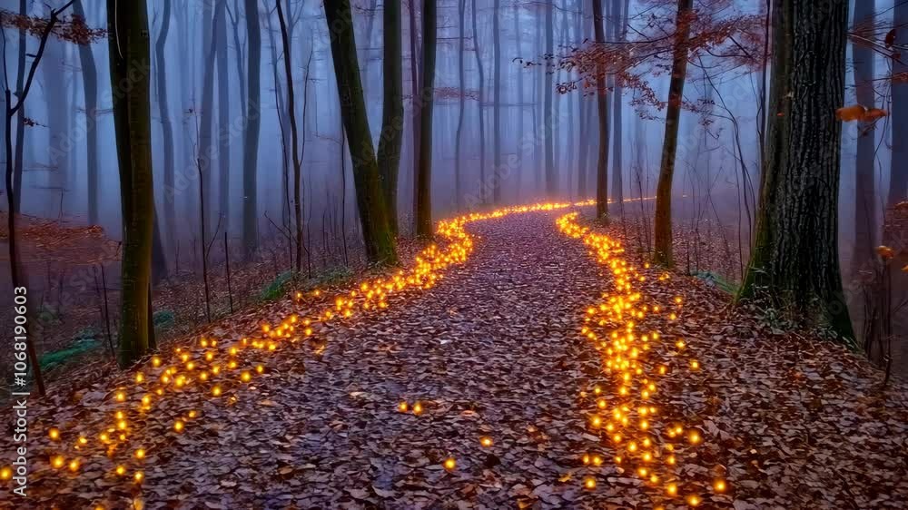 Poster a winding path through a misty forest is illuminated by small lights on a cool evening