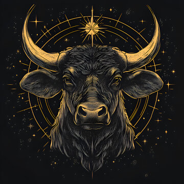 Mystical Black and Gold Bull Illustration with Celestial Design for Taurus Astrology Symbol