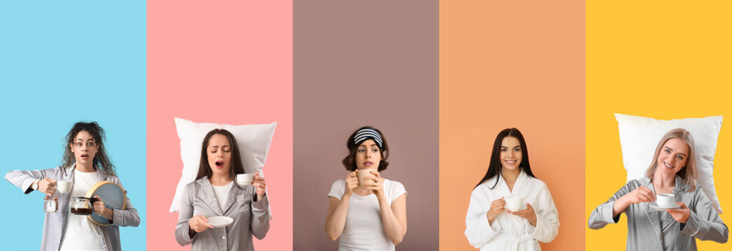 Collage of women in morning on color background