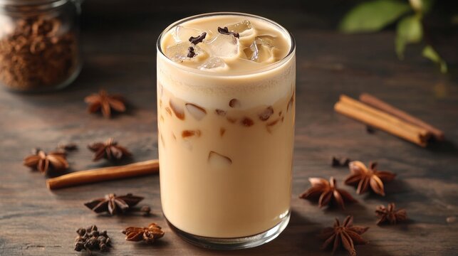 Indian tea drink, iced chai latte with warm winter spices and milk foam on top
