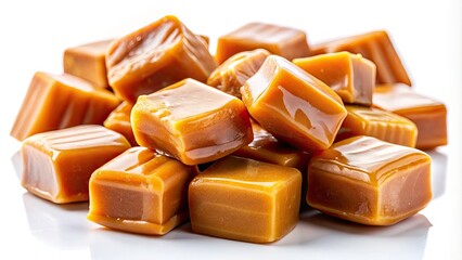 Close-Up of Isolated Toffee Caramel Candy Chunks on White Background for Sweet Treats and Desserts Photography
