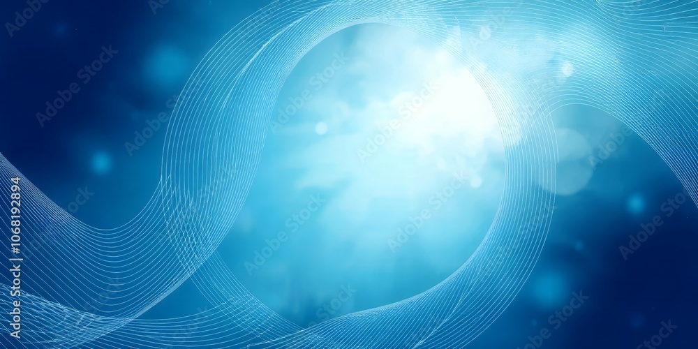 Poster abstract blue background with white lines and bokeh.