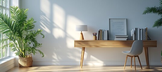 A modern study desk with books and a lamp in a well-lit room, leaving copy space above