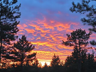Obraz premium Vibrant sunset with colorful clouds and silhouetted trees.