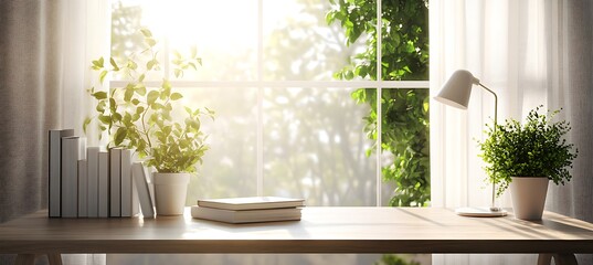 A modern study desk with books and a lamp in a well-lit room, leaving copy space above